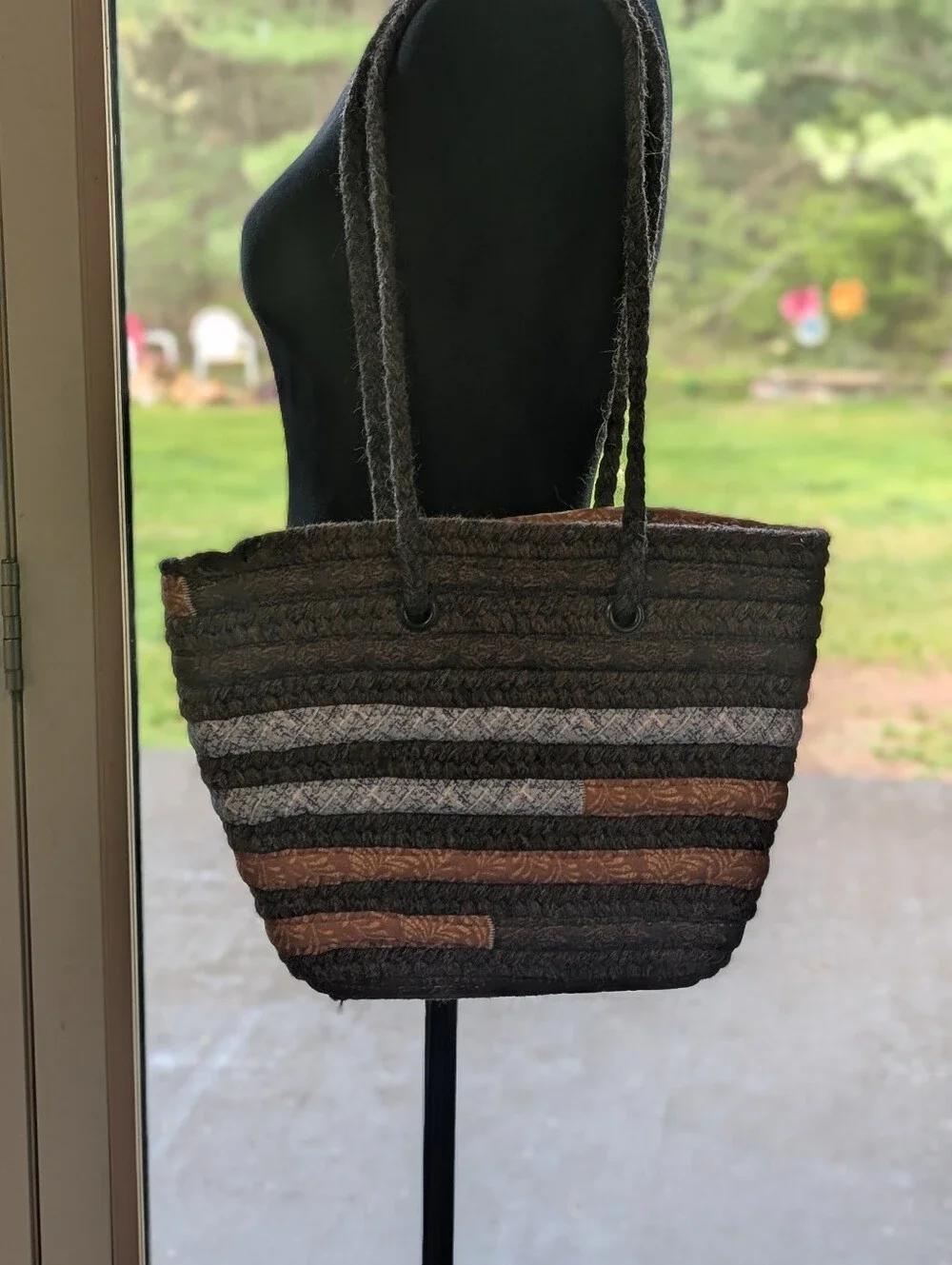 Alpaca Wool Striped Woven Tote in Brown, Orange & Blue. Artisanal. Boho.